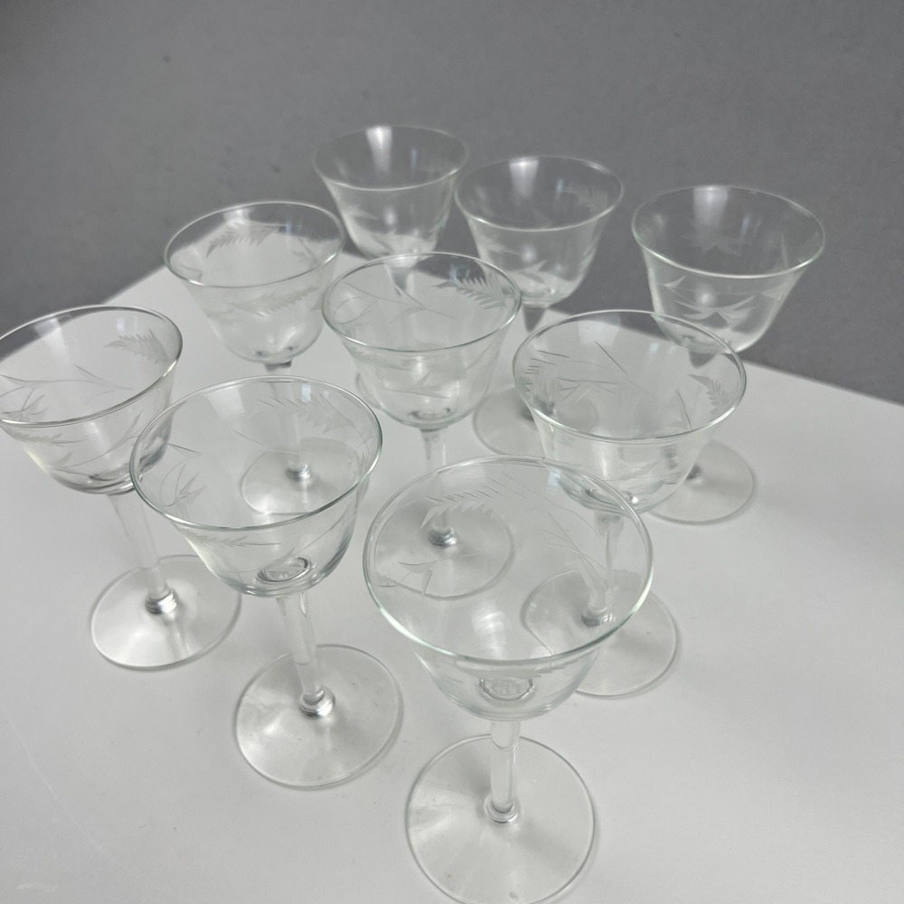 Vintage Etched Crystal Cocktail Glasses Set of 9 Clear Wheat Leaf Mid Century